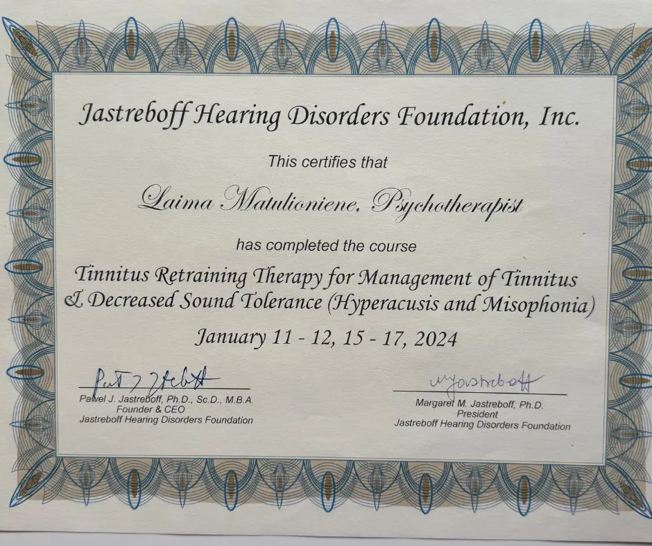 Laima Matulioniene Tinitus retraining therapy certificate